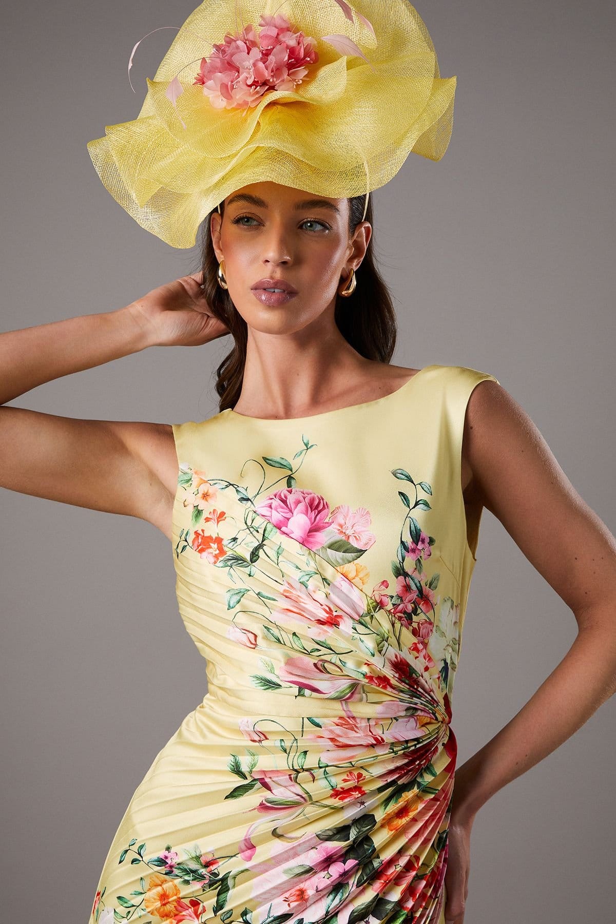 Coast Coast Women's Lisa Tan Pleated Floral Midi Dress With Pleat Detail in Yellow - 4