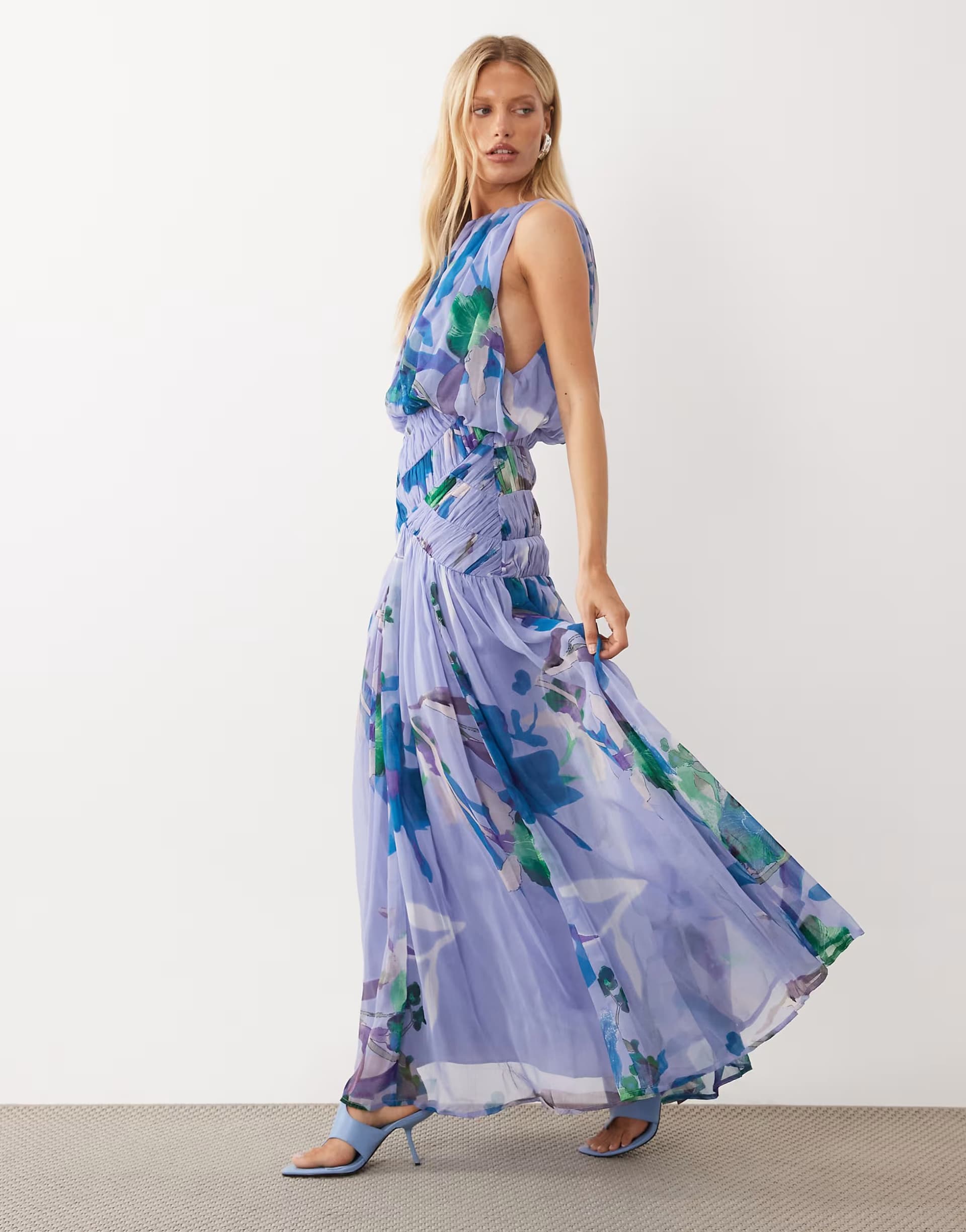 ASOS ASOS DESIGN draped gauged ruched waist detail maxi dress in blurred floral print