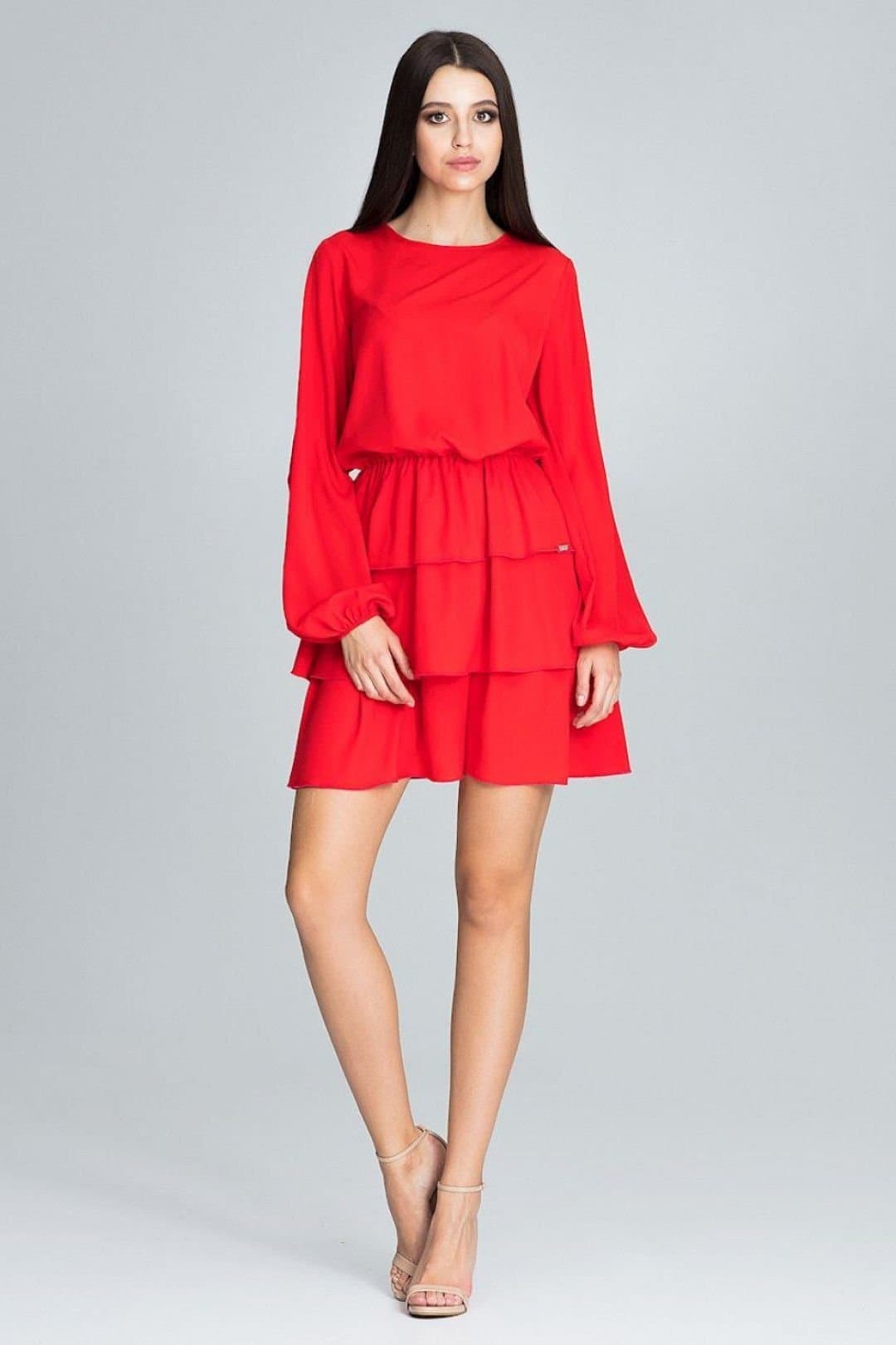 Love Lace Love Lace Women's Long Sleeve Ruffled Waist Crease Dress in Red