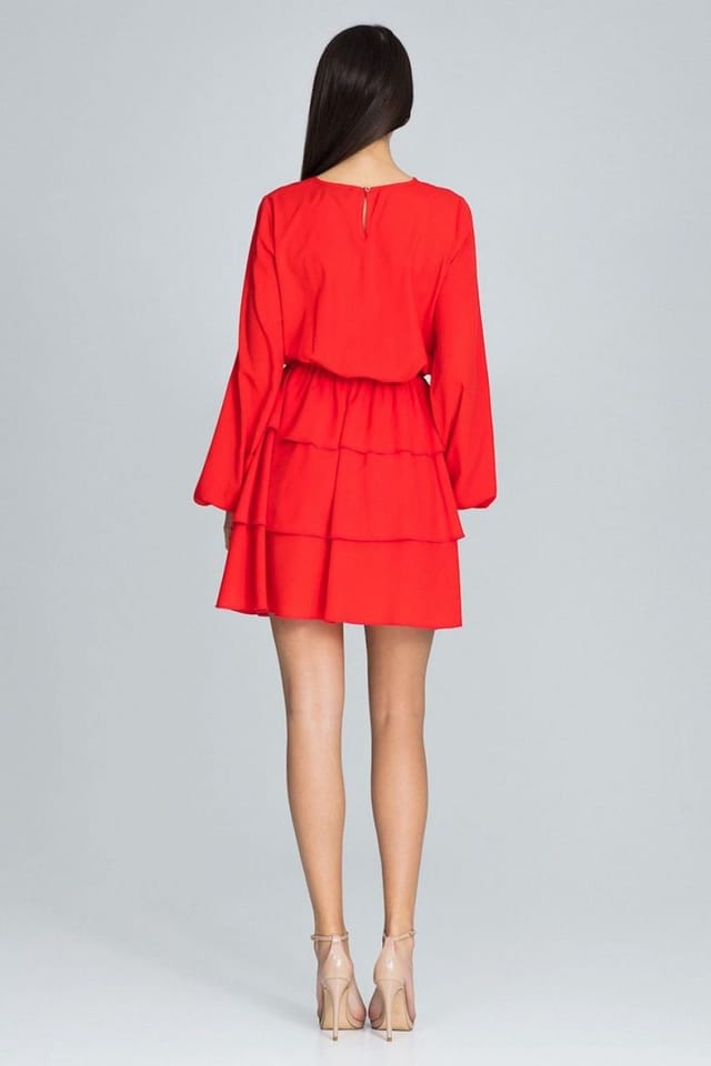 Love Lace Love Lace Women's Long Sleeve Ruffled Waist Crease Dress in Red - 2