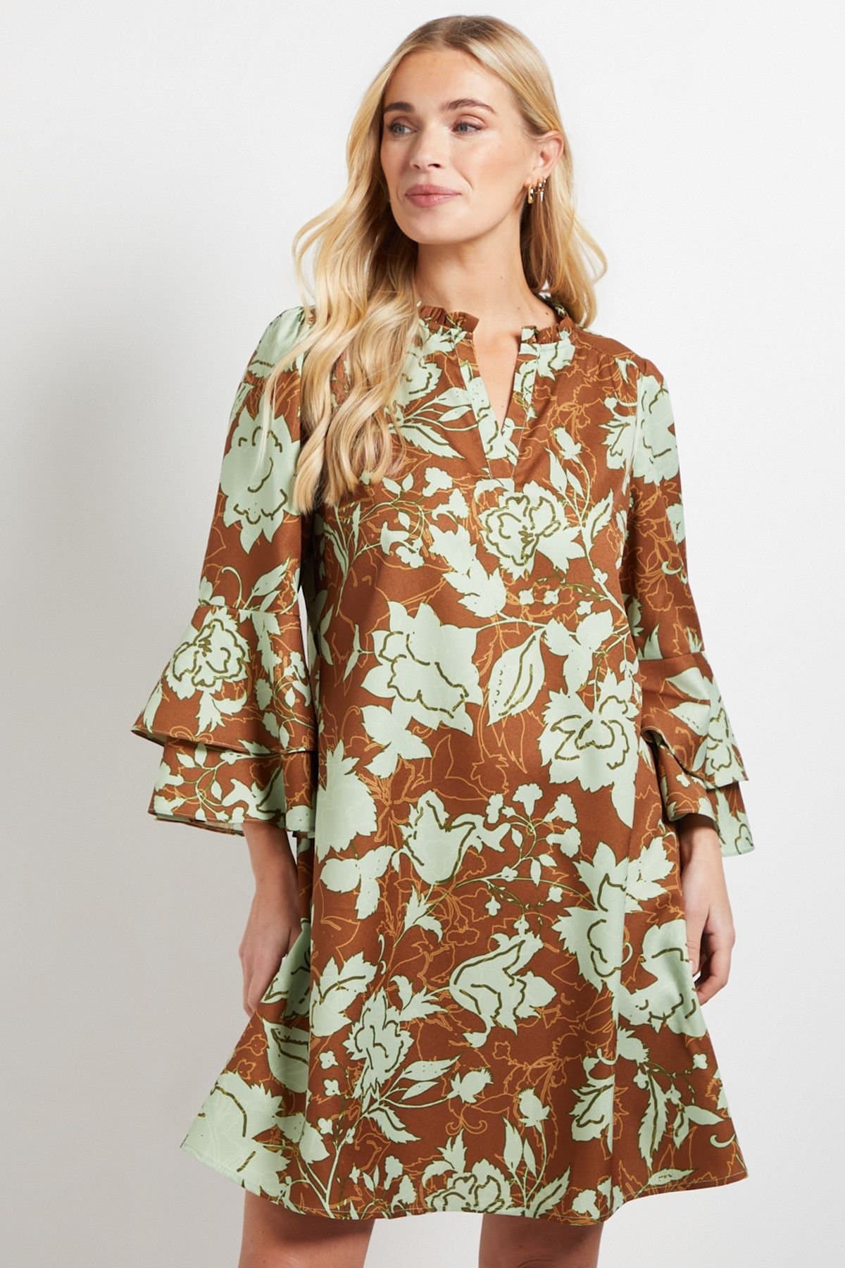 Wallis Wallis Women's Petite Printed Ruffle Sleeve Shift Dress in Tan