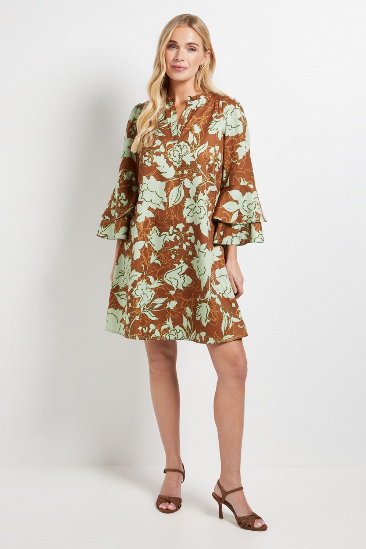 Wallis Wallis Women's Petite Printed Ruffle Sleeve Shift Dress in Tan - 4