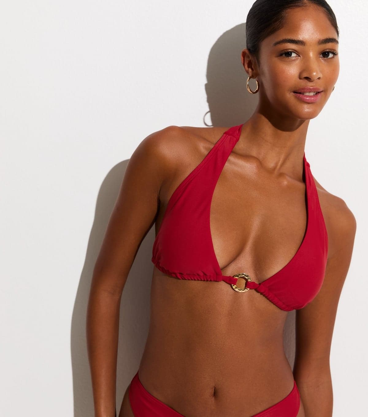 New Look Women's Dark Red Plain O Ring Triangle Bikini Top New Look