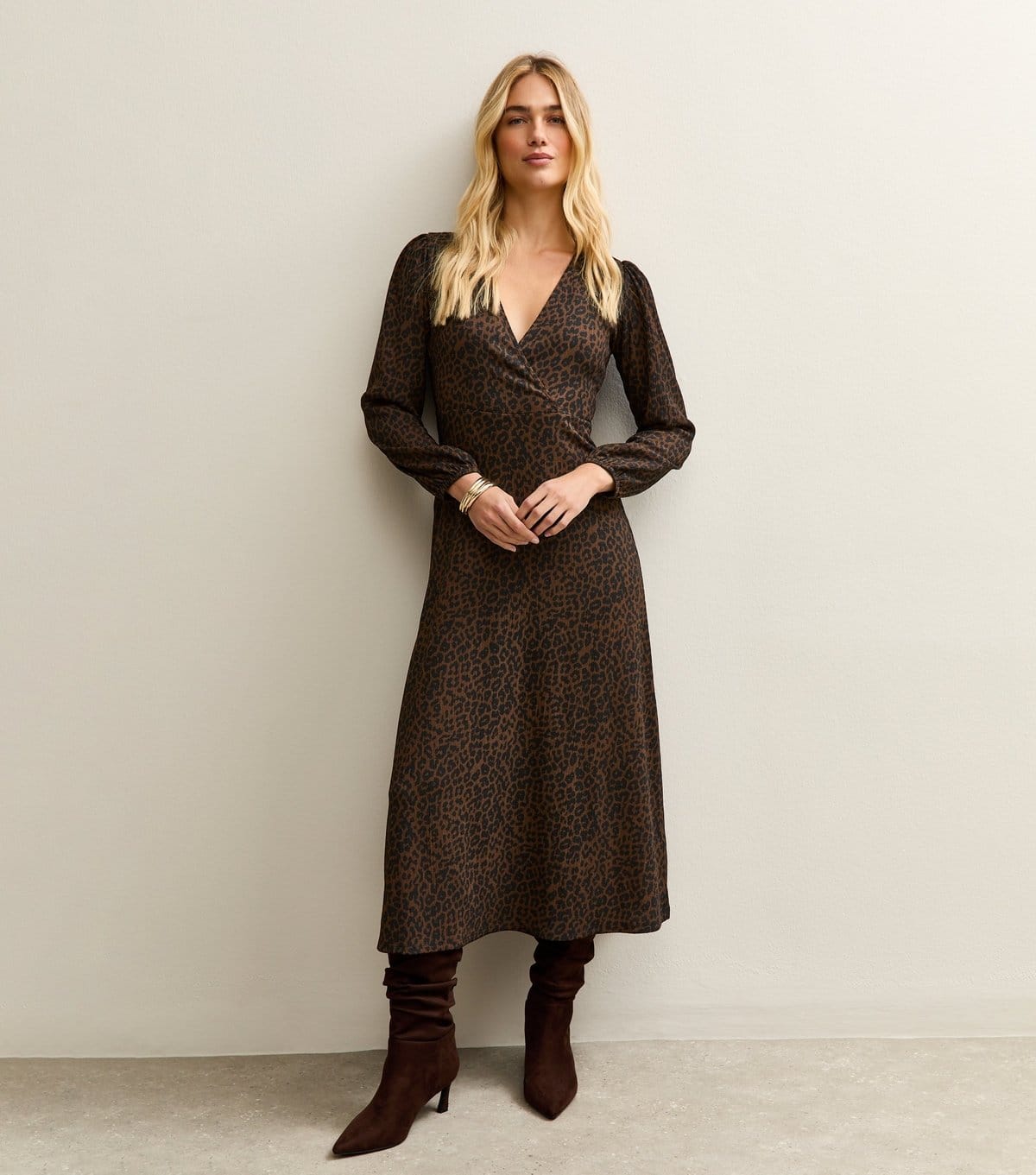 New Look Brown Leopard Print Wrap Midi Dress