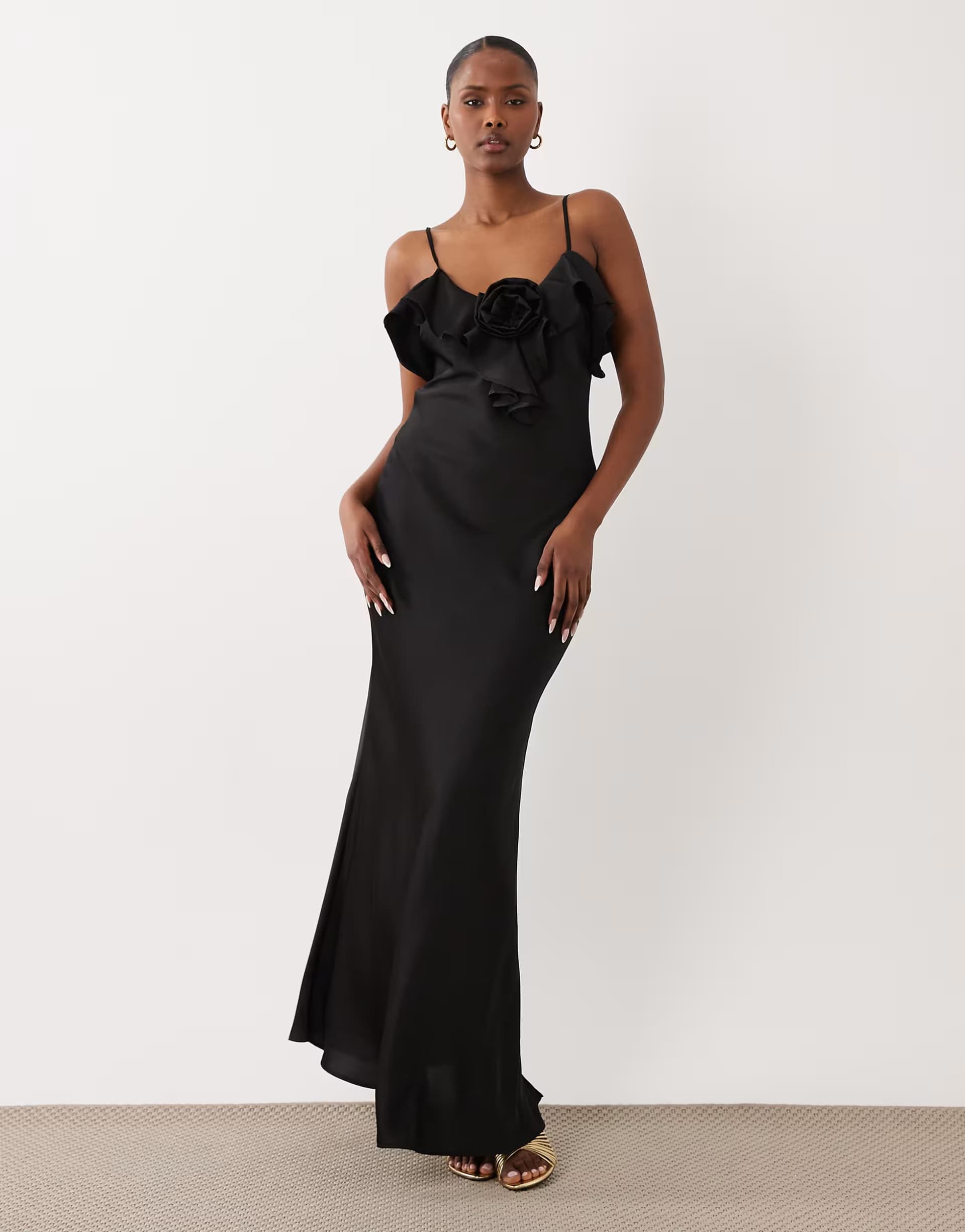 ASOS Vila frill detail satin cami maxi dress in black