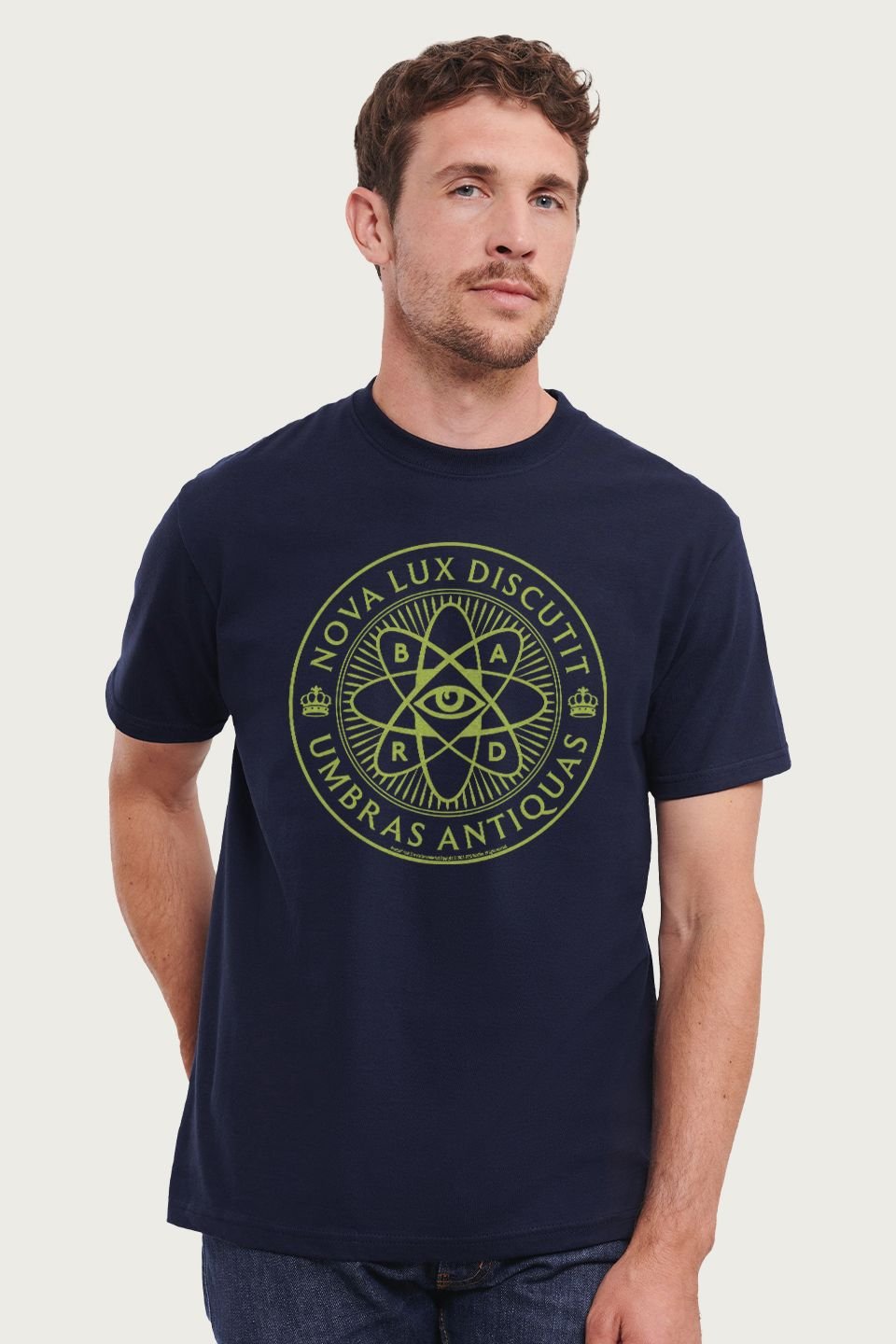 Atomfall Atomfall Men's B.A.R.D. Atomic Eye Latin Light Green Logo T-Shirt in Navy - 1