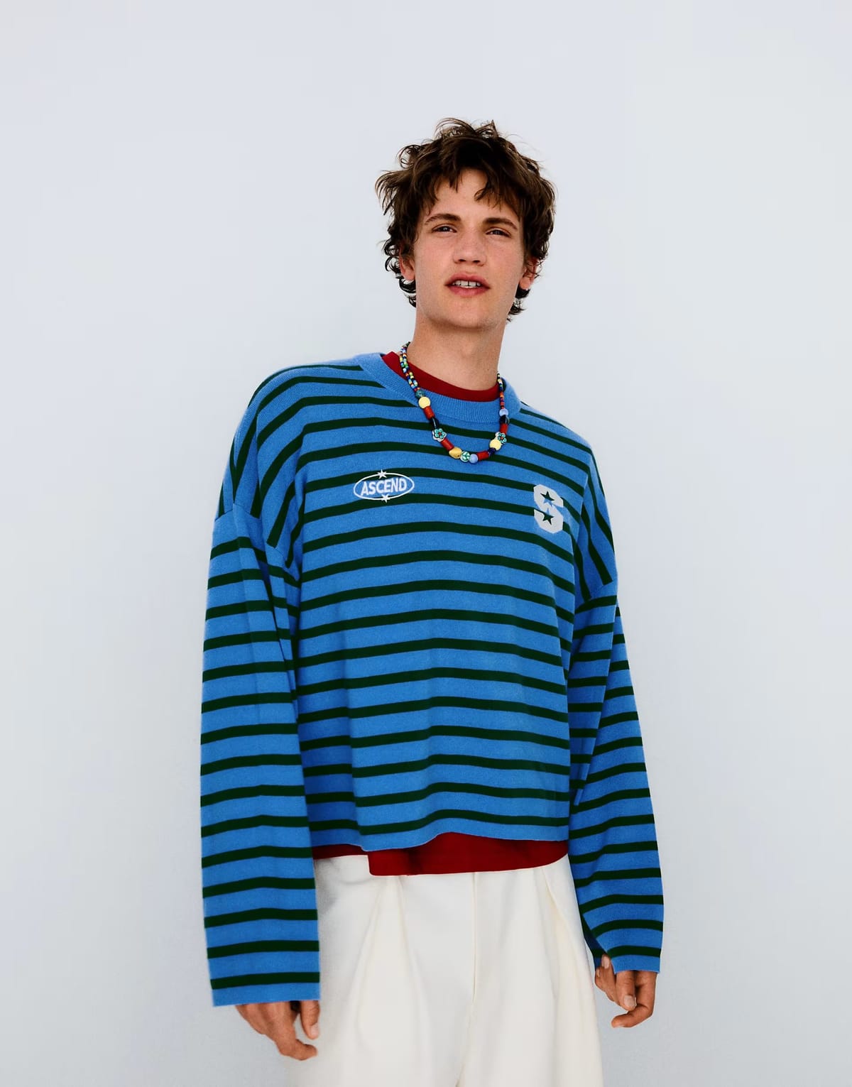 ASOS Bershka Embroidered striped boxy fit jumper in denim blue - 1