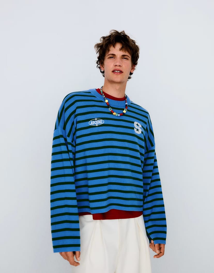 ASOS Bershka Embroidered striped boxy fit jumper in denim blue - 1