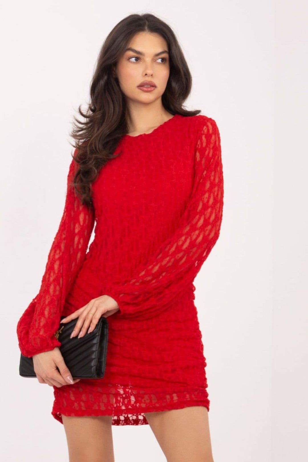 Love Lace Love Lace Women's Elegant Lace Mini Dress With Ruching Sleeves in Red - 4