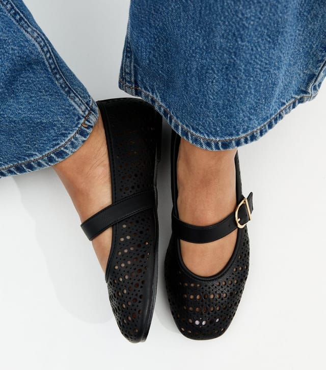 New Look Women's Black Faux Leather Lazor Cut Mary Jane Shoes Vegan New Look - 2
