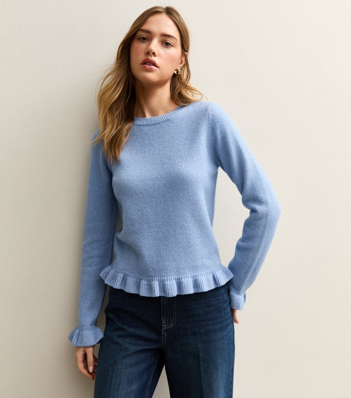 New Look Blue Frill Trim Crew Neck Jumper