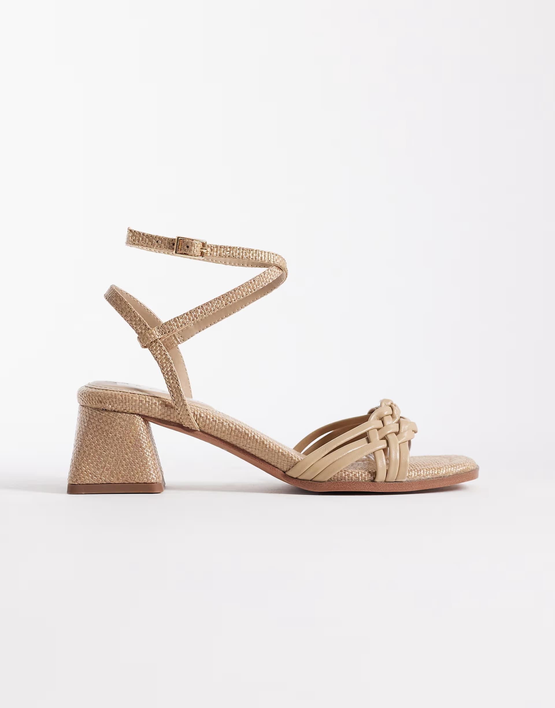 ASOS ASOS DESIGN Humble plaited detail mid block heel sandals in beige raffia