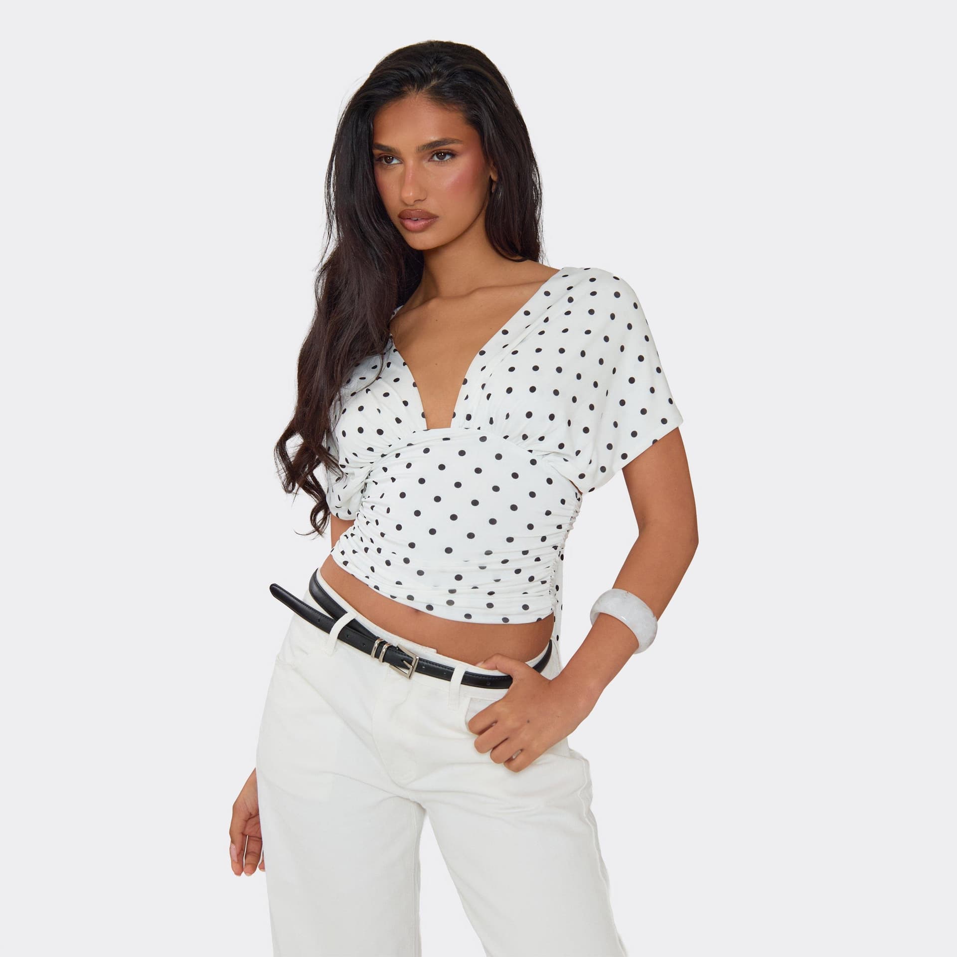 EGO Short Sleeve Plunge Front Tie Back Detail Top In White Polka Dot Slinky, Women's Size UK 4