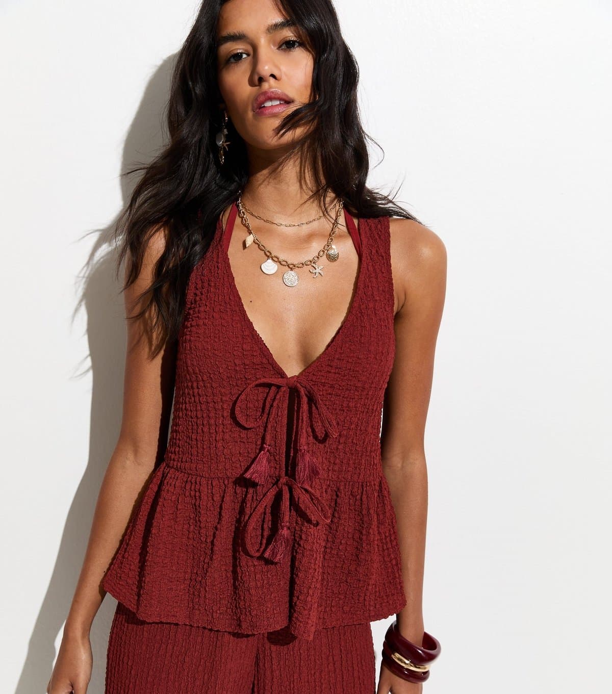 New Look Women's Rust Textured Jersey Peplum Beach Top New Look