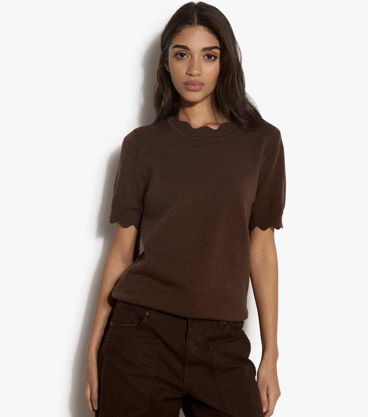 Apricot Women's Dark Brown Scalloped Knit Top Apricot New Look