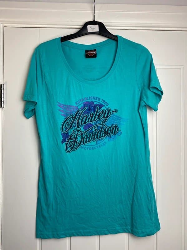 Harley Davidson Harley Davidson Women’s Turquoise T-Shirt Medium 8-10 Stud Detail Logo Tee