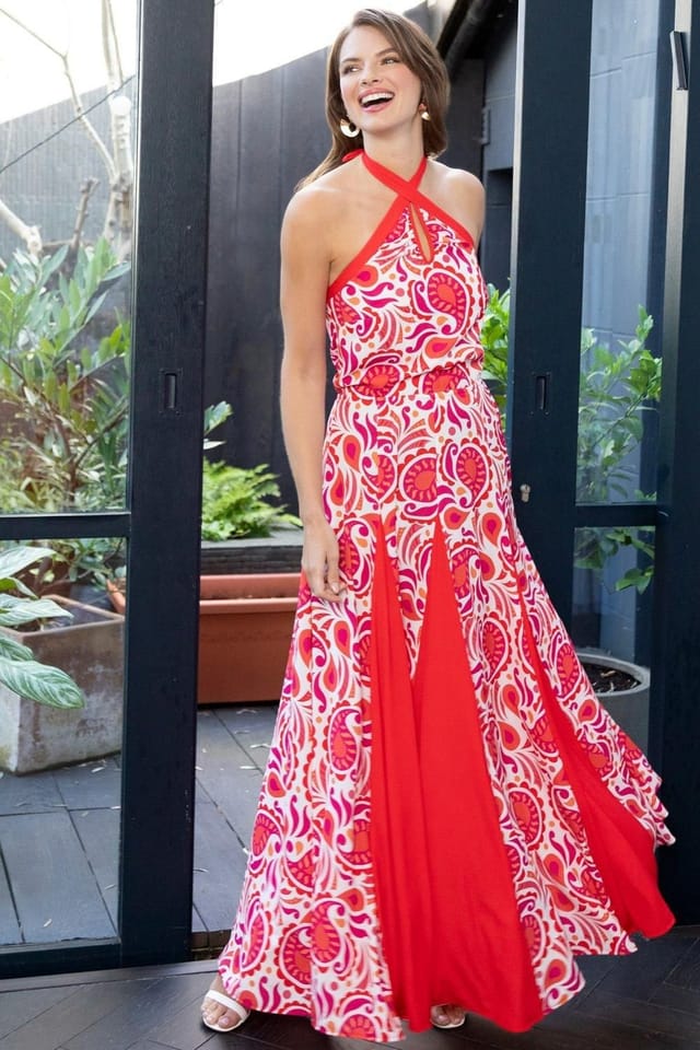 Hot Squash Hot Squash Women's Halter Neck Maxi Dress with Contrast Panels in Red - 2