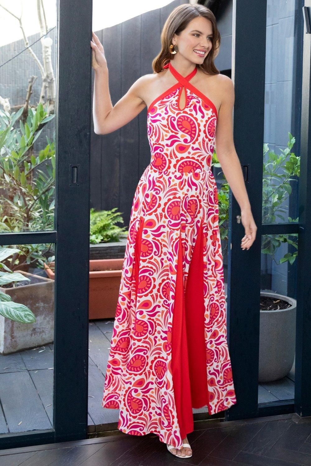 Hot Squash Hot Squash Women's Halter Neck Maxi Dress with Contrast Panels in Red - 3