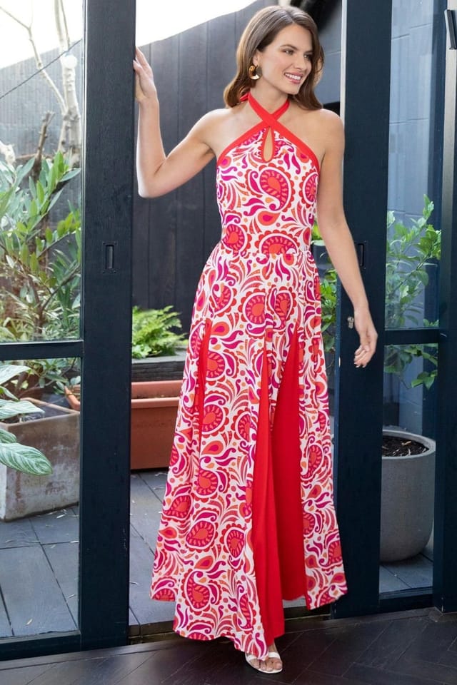 Hot Squash Hot Squash Women's Halter Neck Maxi Dress with Contrast Panels in Red - 3