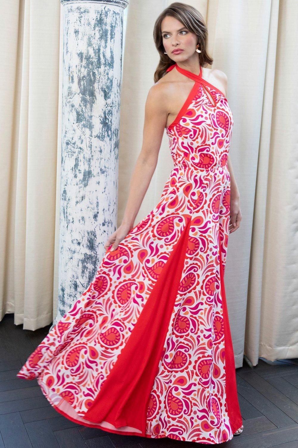 Hot Squash Hot Squash Women's Halter Neck Maxi Dress with Contrast Panels in Red - 4