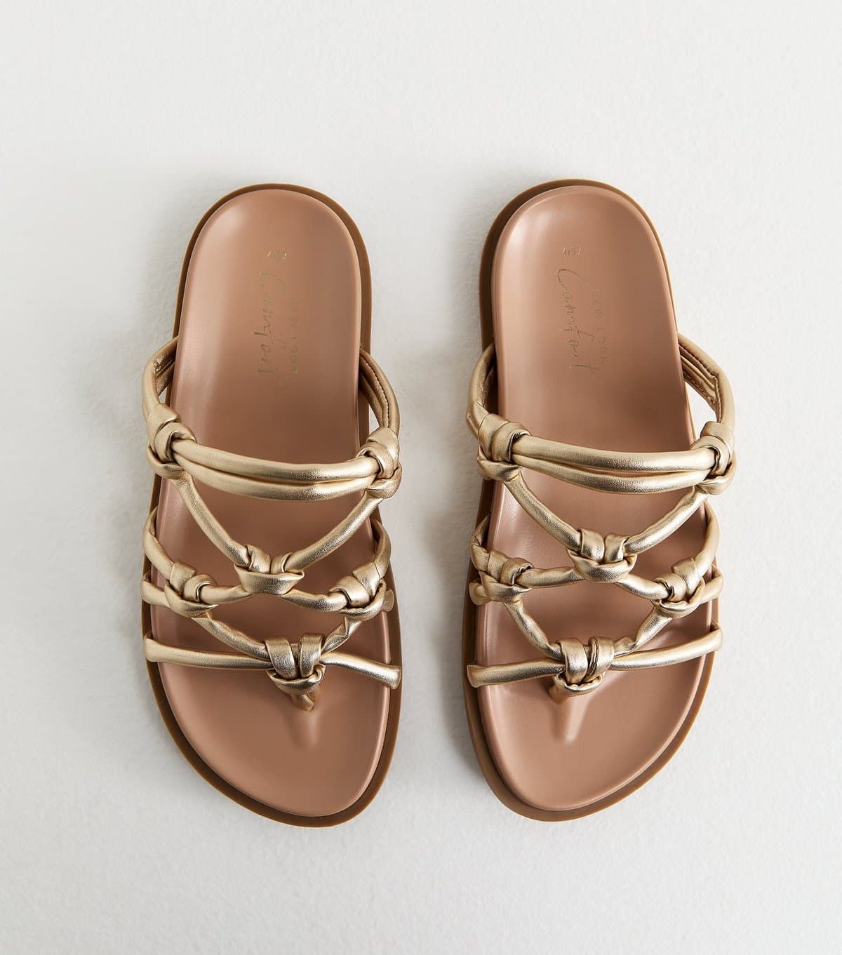 New Look Women's Gold Faux Leather Interwoven Slim Sole Sandals Vegan New Look