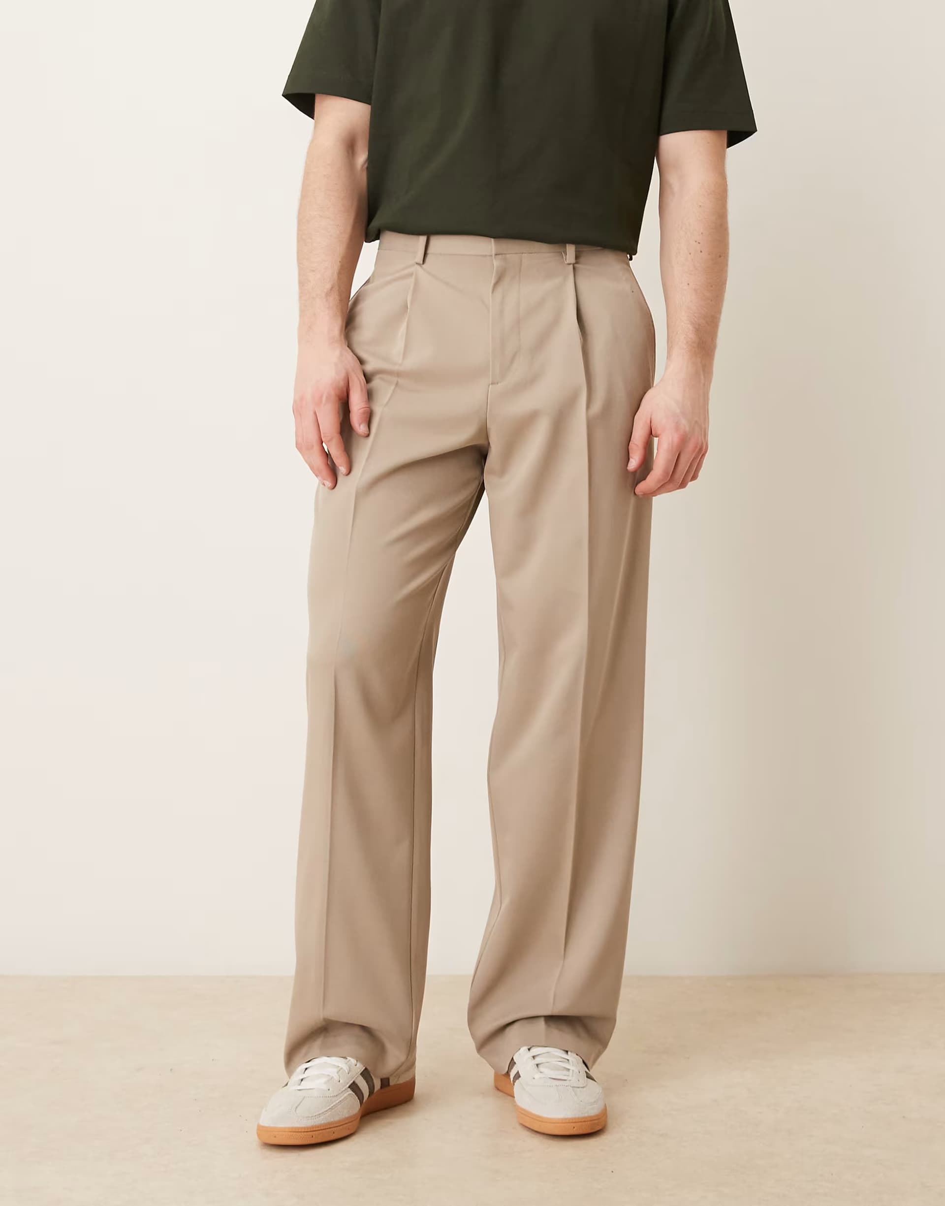 ASOS ASOS DESIGN smart pleated wide leg trousers with wool in stone herringbone