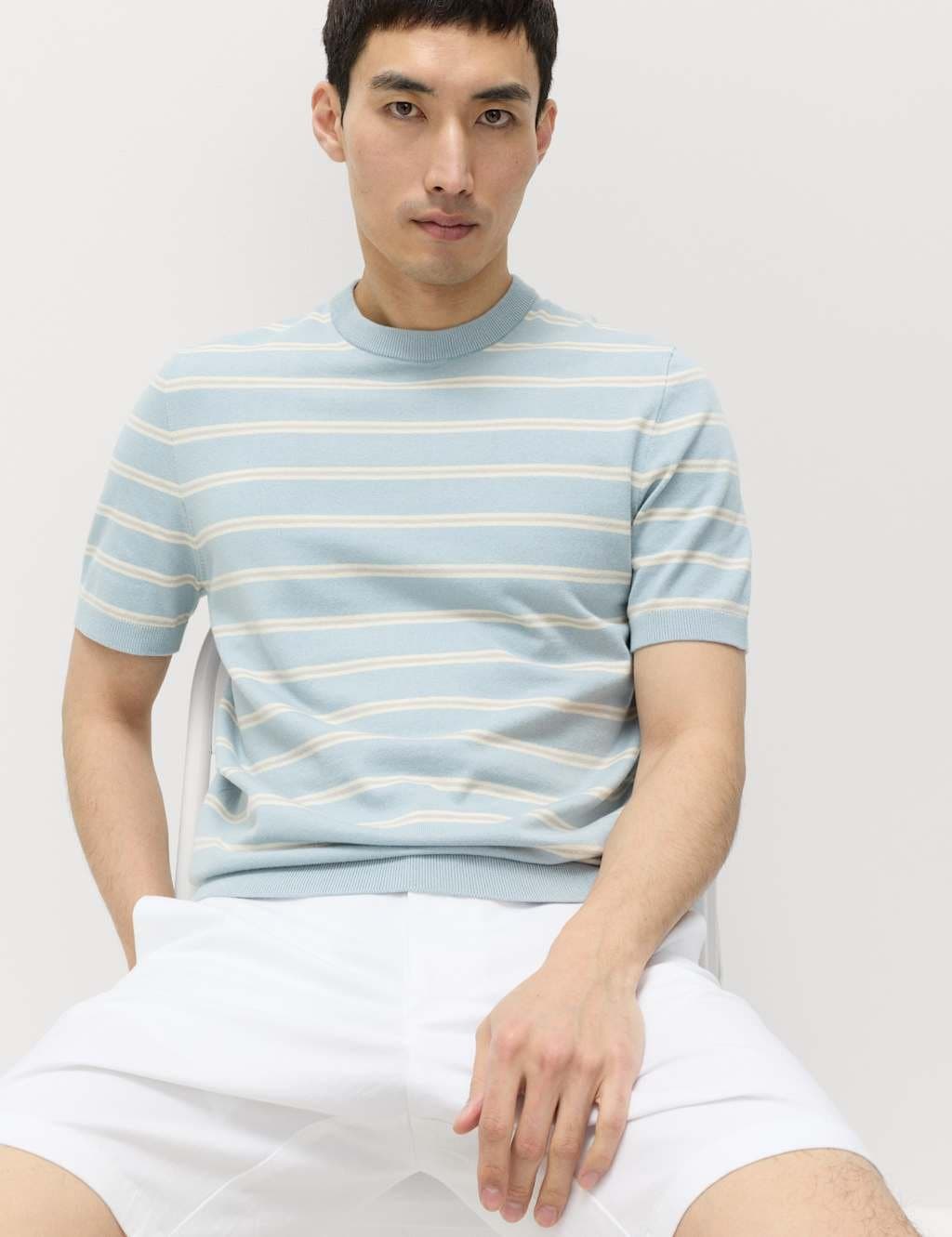 Marks & Spencer M&S Cotton Rich Striped Knitted T-Shirt Soft Blue Mix