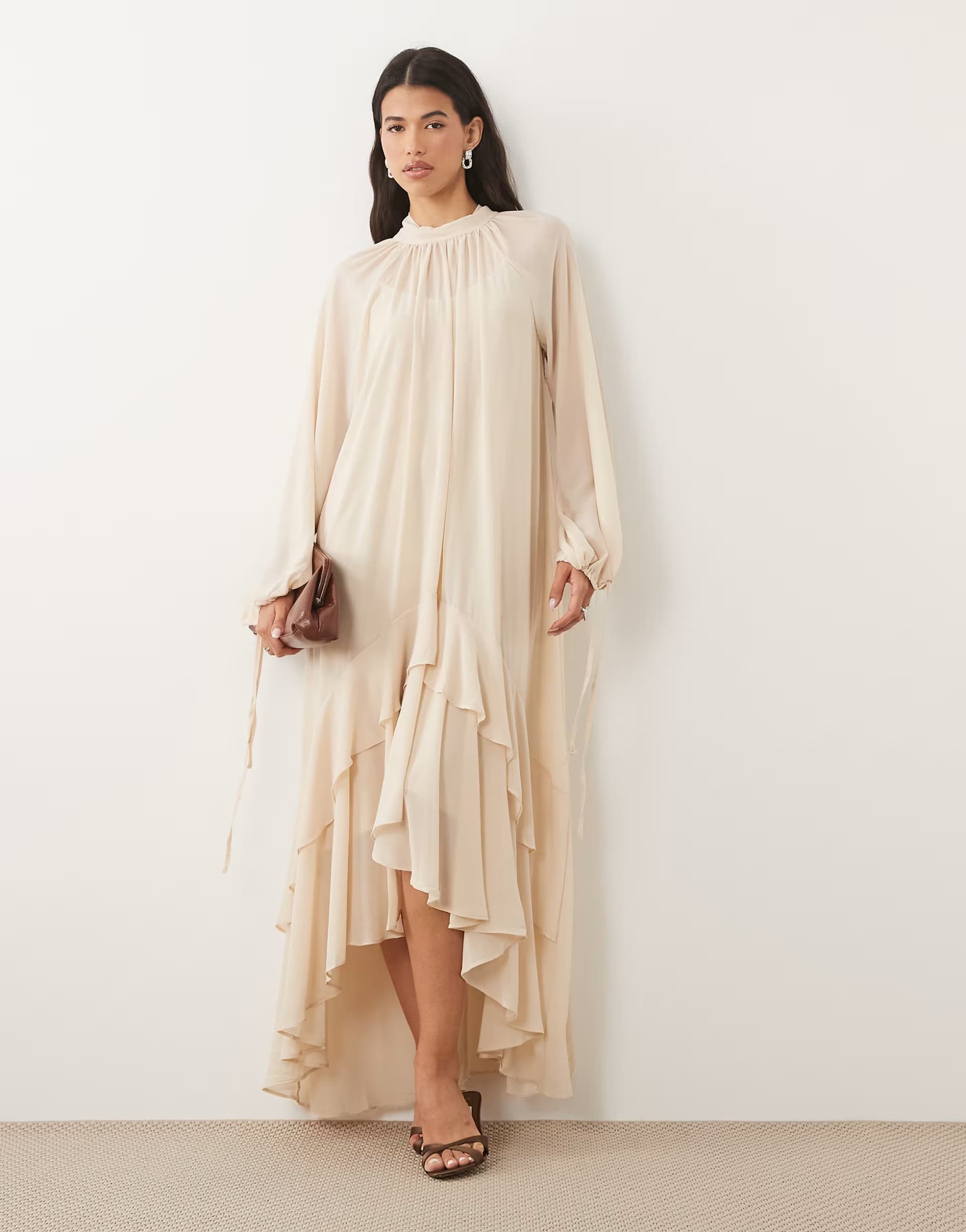 ASOS TFNC chiffon high neck long sleeve maxi dress with tiered hem in cream