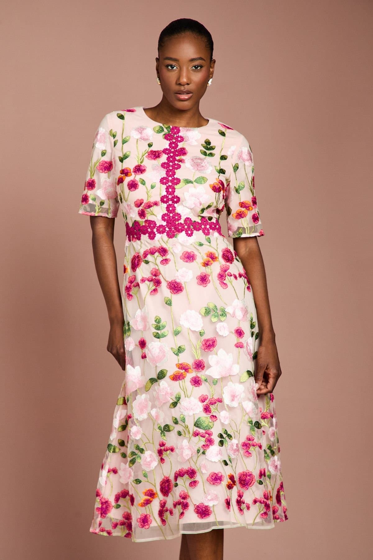 Coast Coast Women's Embroidered Floral With Laid On Lace Midi Dress in Pink