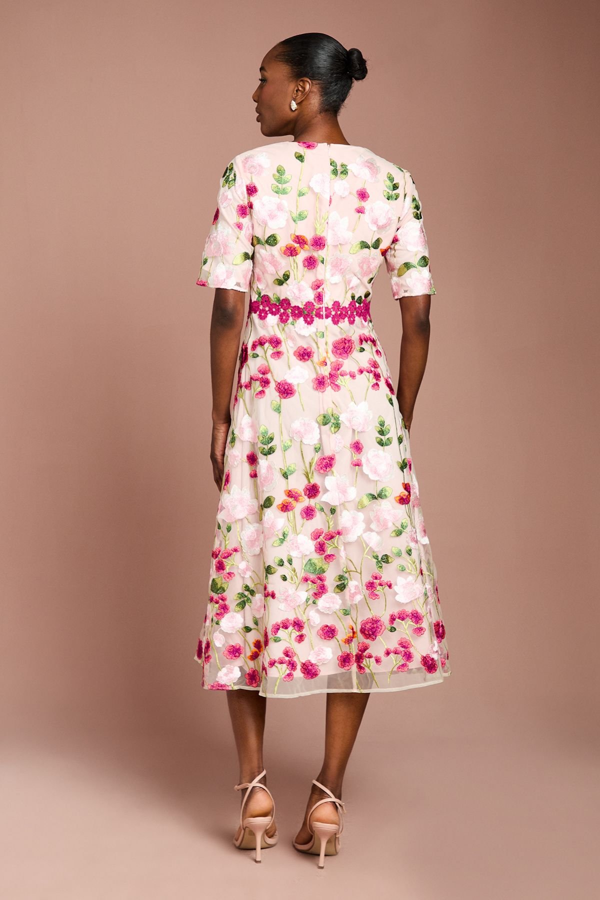 Coast Coast Women's Embroidered Floral With Laid On Lace Midi Dress in Pink - 3