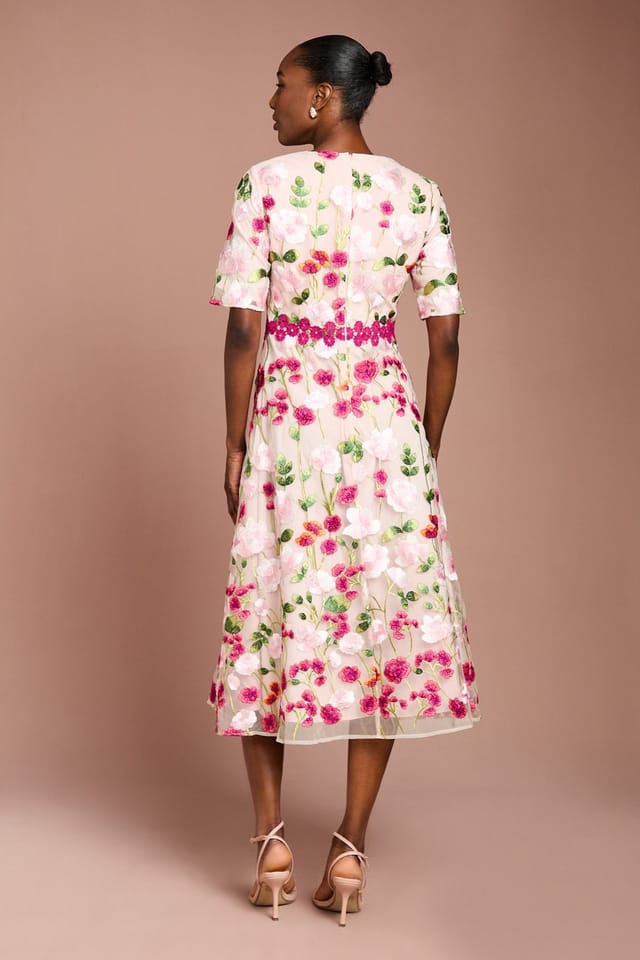 Coast Coast Women's Embroidered Floral With Laid On Lace Midi Dress in Pink - 3