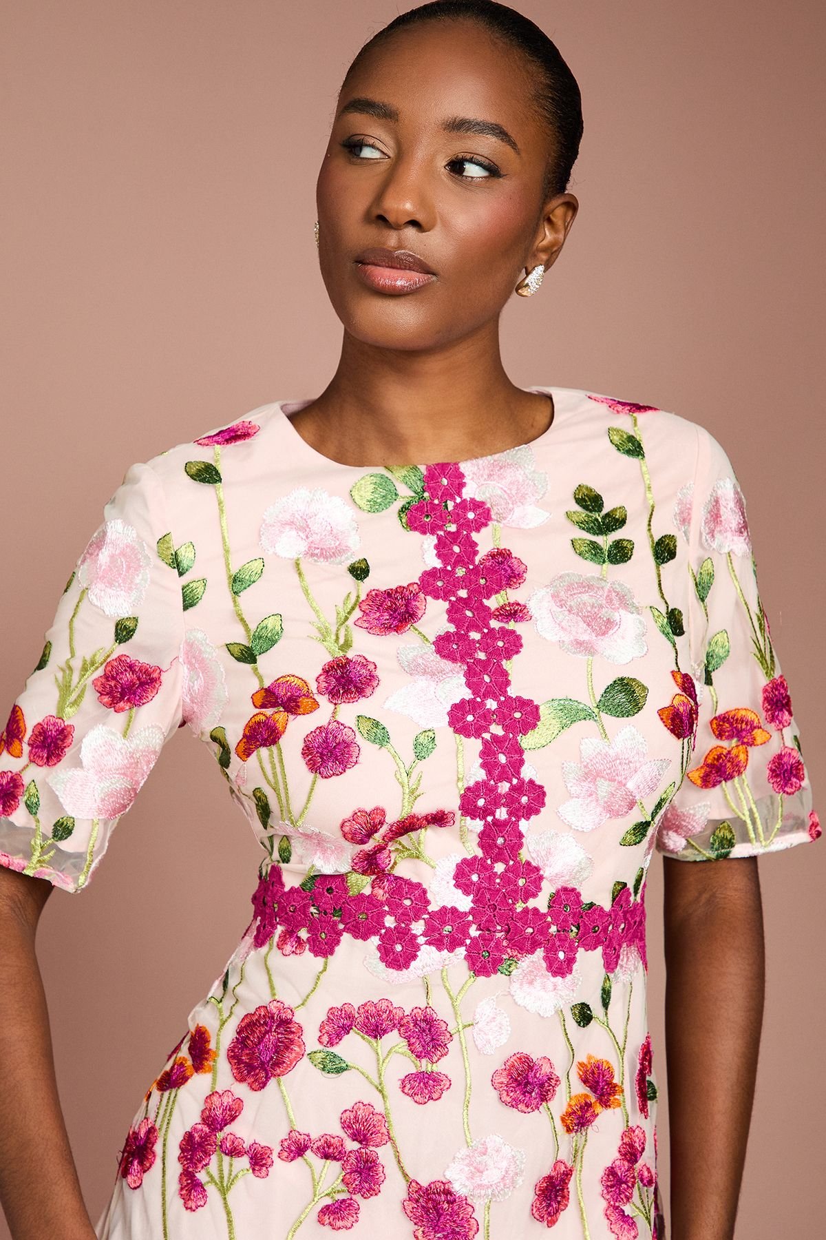 Coast Coast Women's Embroidered Floral With Laid On Lace Midi Dress in Pink - 4