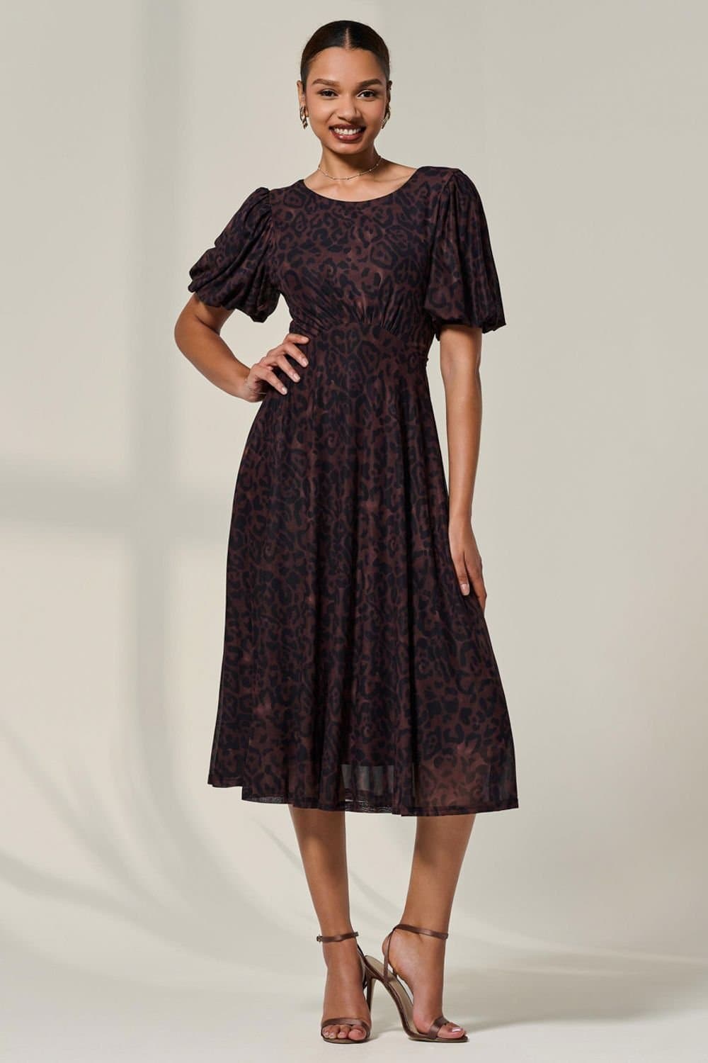 Jolie Moi Jolie Moi Women's Puff Sleeve Mesh Midi Dress in Dark Brown