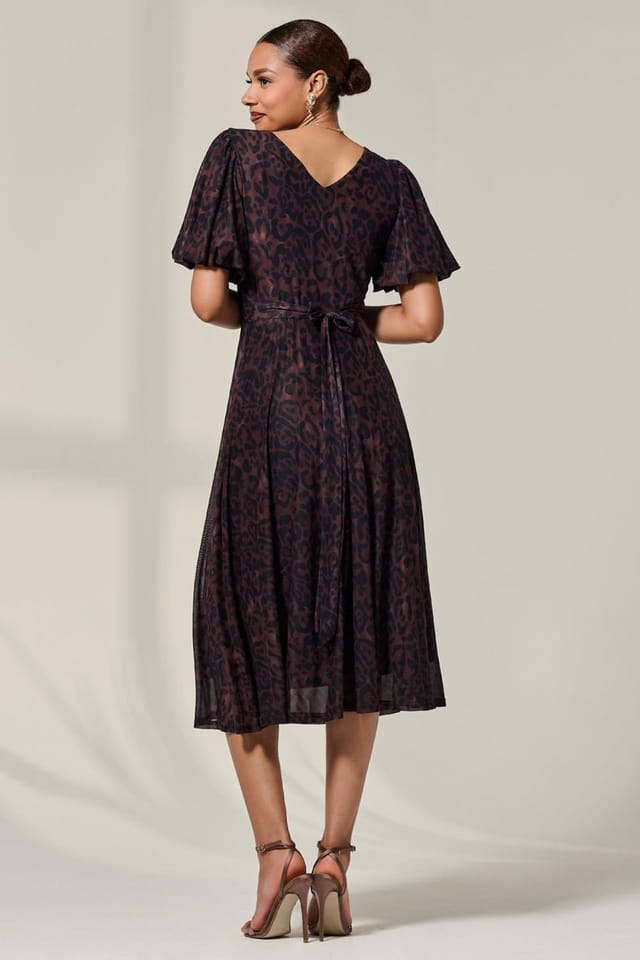 Jolie Moi Jolie Moi Women's Puff Sleeve Mesh Midi Dress in Dark Brown - 2