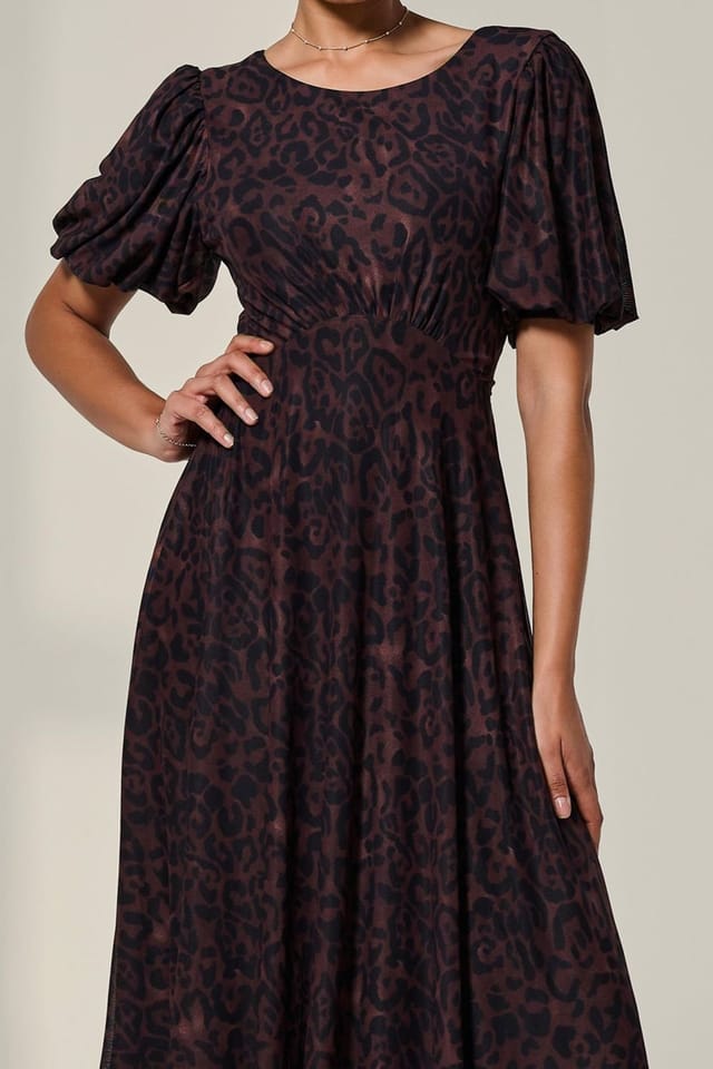 Jolie Moi Jolie Moi Women's Puff Sleeve Mesh Midi Dress in Dark Brown - 3