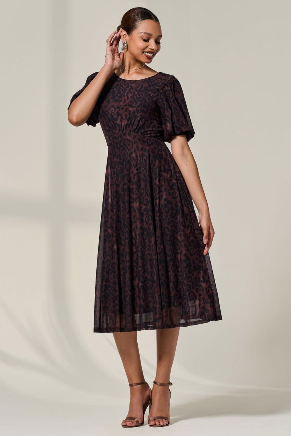 Jolie Moi Jolie Moi Women's Puff Sleeve Mesh Midi Dress in Dark Brown - 4