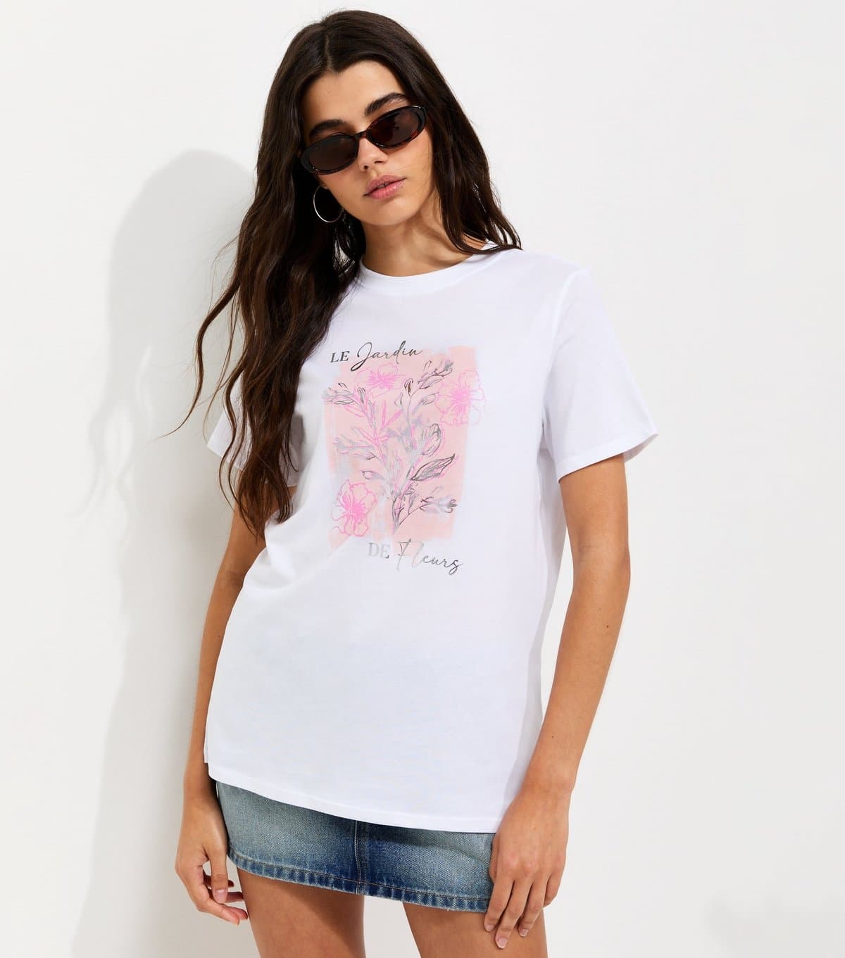 New Look New Look White Foil Print Floral Crew-Neck T-Shirt