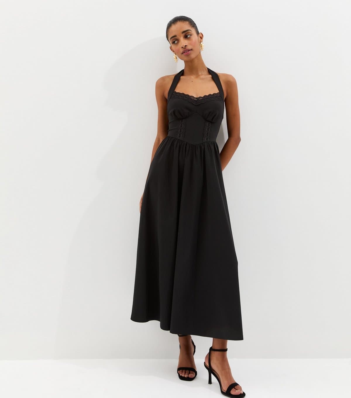 New Look Women's Black Embroidered Halter Midi Dress New Look