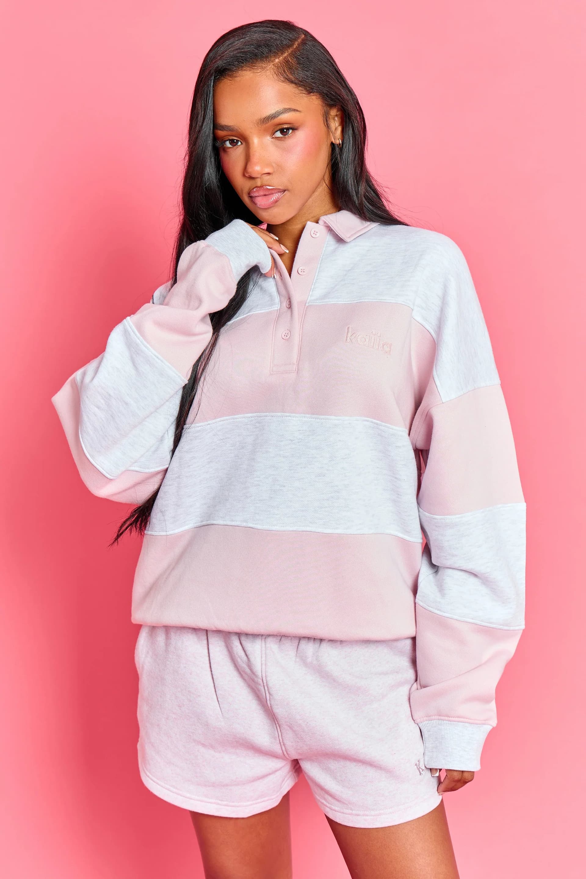 Kaiia Kaiia Striped Oversized Rugby Sweatshirt Light Grey Marl & Pink Chai