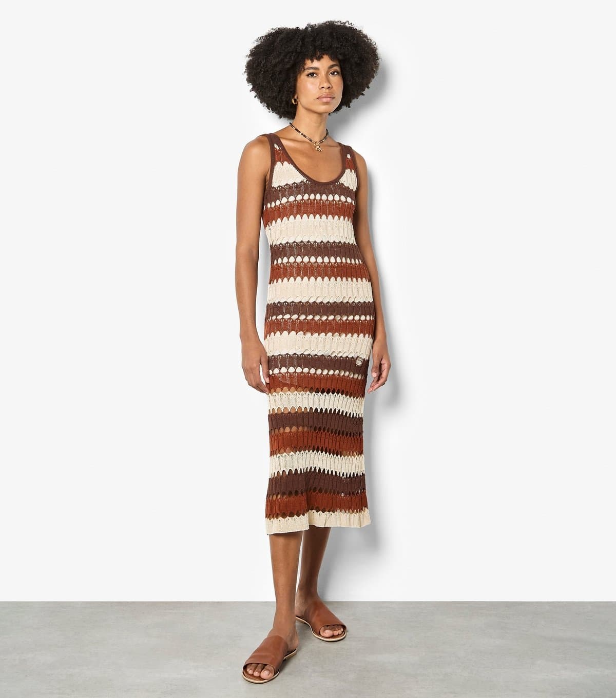 Apricot Women's Brown Crochet Stripe Midi Dress Apricot New Look
