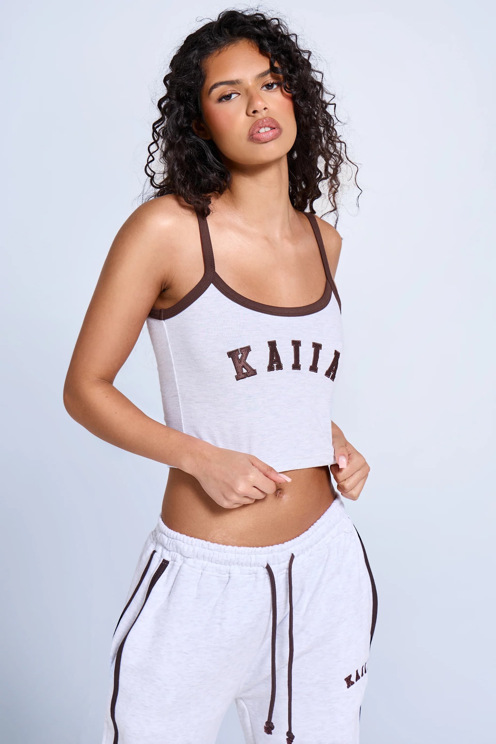 Kaiia Kaiia Logo Contrast Cami Top Light Grey Marl & Brown