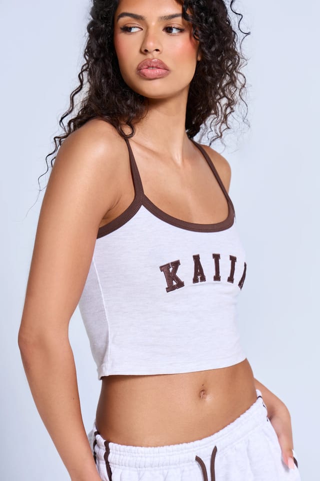 Kaiia Kaiia Logo Contrast Cami Top Light Grey Marl & Brown - 2