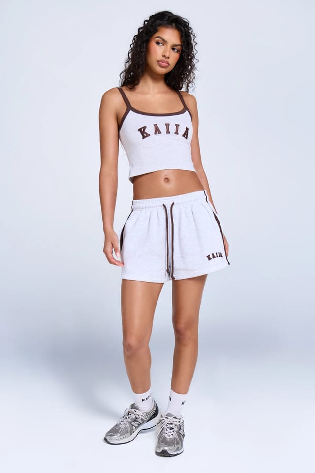 Kaiia Kaiia Logo Contrast Cami Top Light Grey Marl & Brown - 3