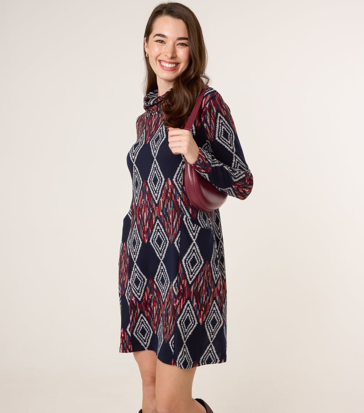 Blue Vanilla Women's Navy Geometric Pattern Draped High Neck Dress Blue Vanilla New Look