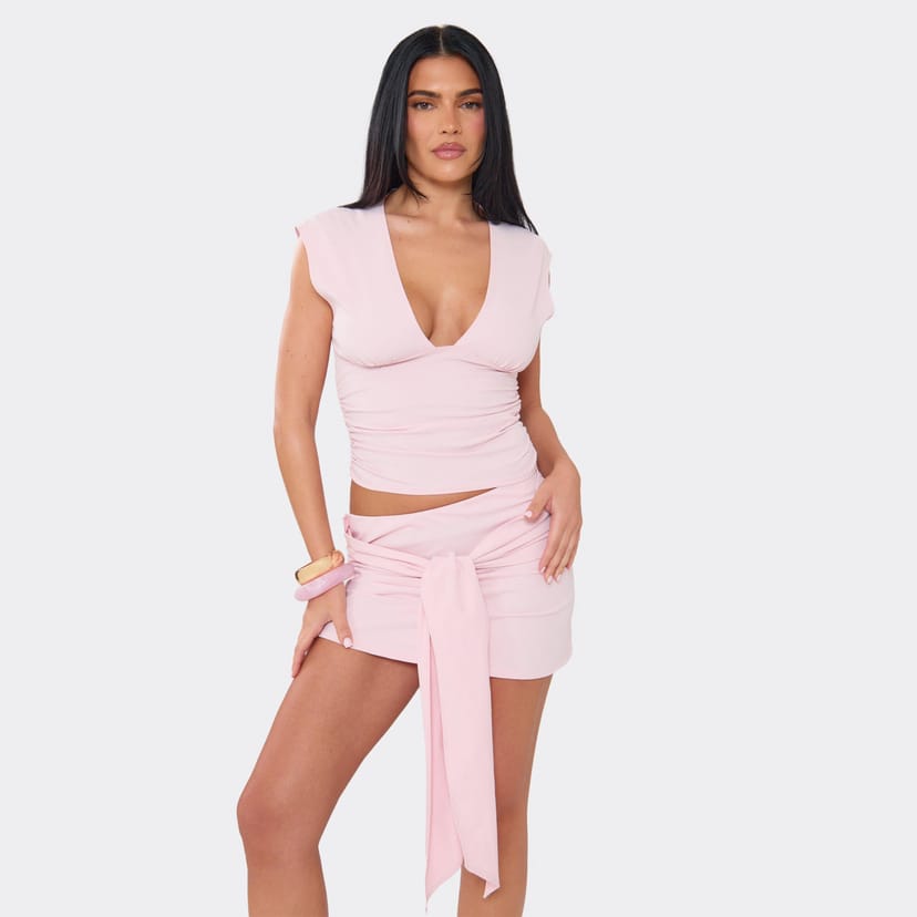 EGO Plunge Front Cinched Waist Top In Pink, Women's Size UK 6 - 1