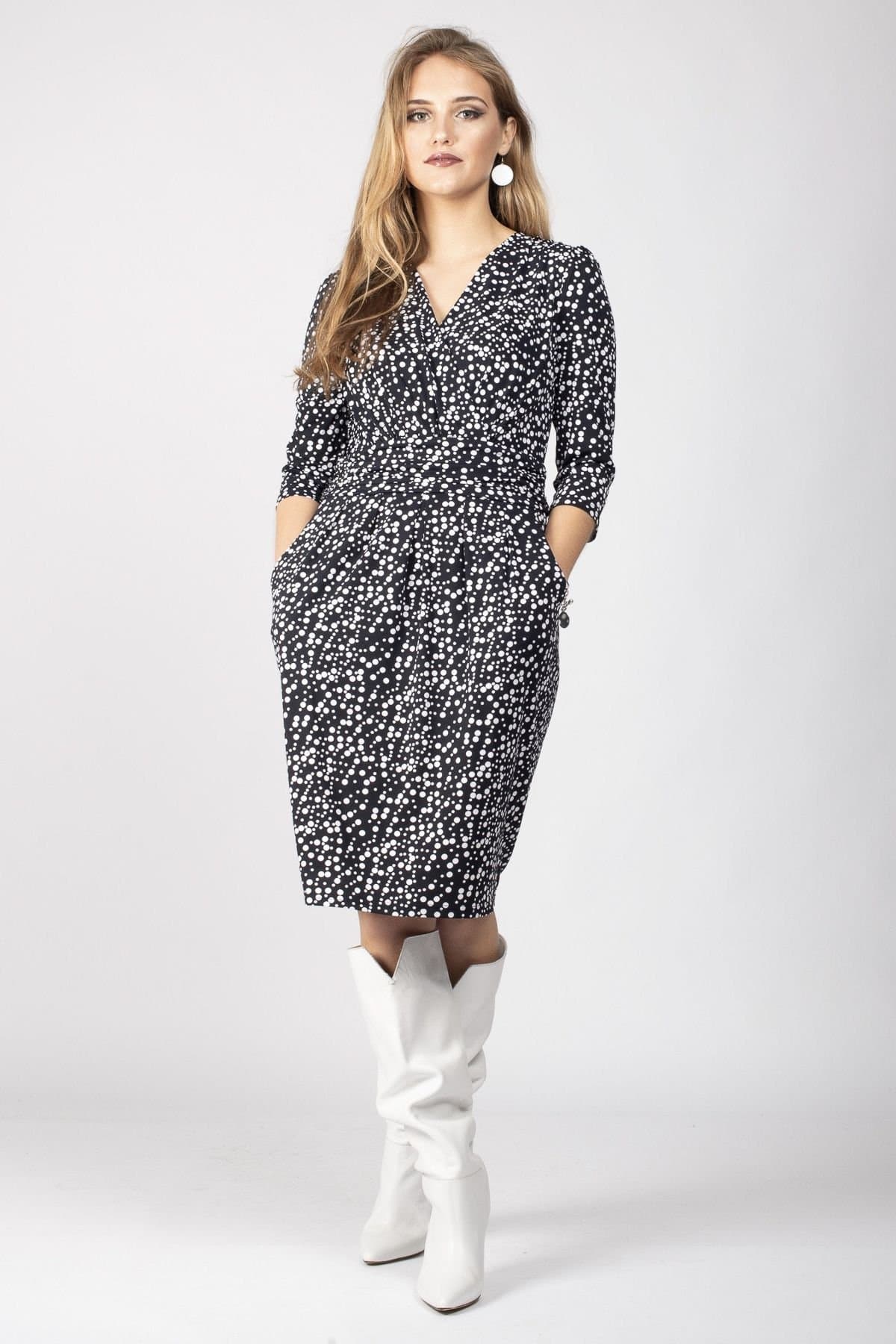 Jolie Moi Jolie Moi Women's Wrap Front Shift Jersey Dress in Navy