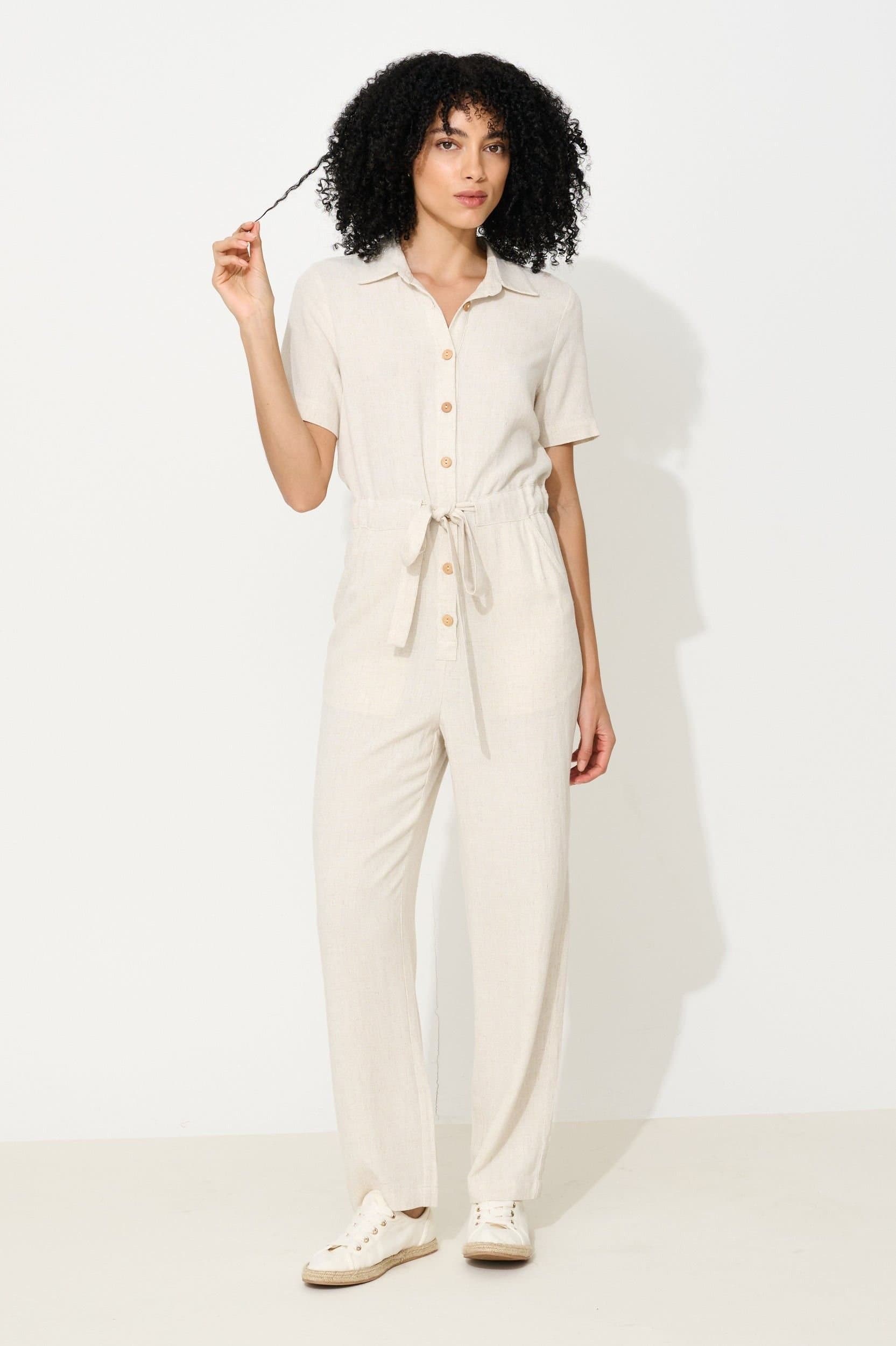 Louche Louche Women's Justin Linen Mix Short Sleeve Jumpsuit - Natural in Beige