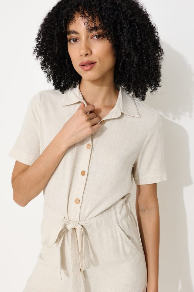 Louche Louche Women's Justin Linen Mix Short Sleeve Jumpsuit - Natural in Beige - 3