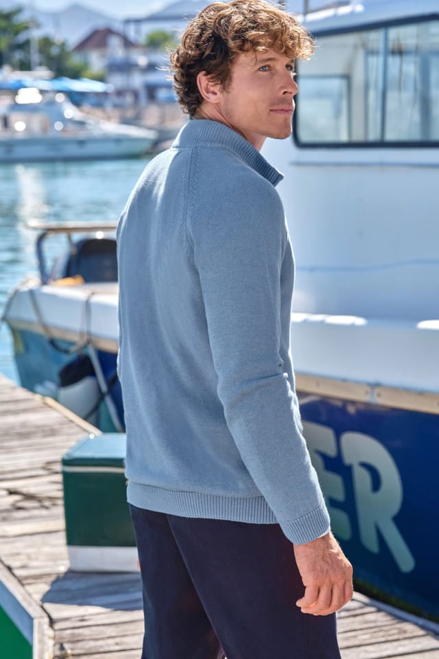 WoolOvers WoolOvers Men's Essential Cotton Zip Cardigan in Blue - 3