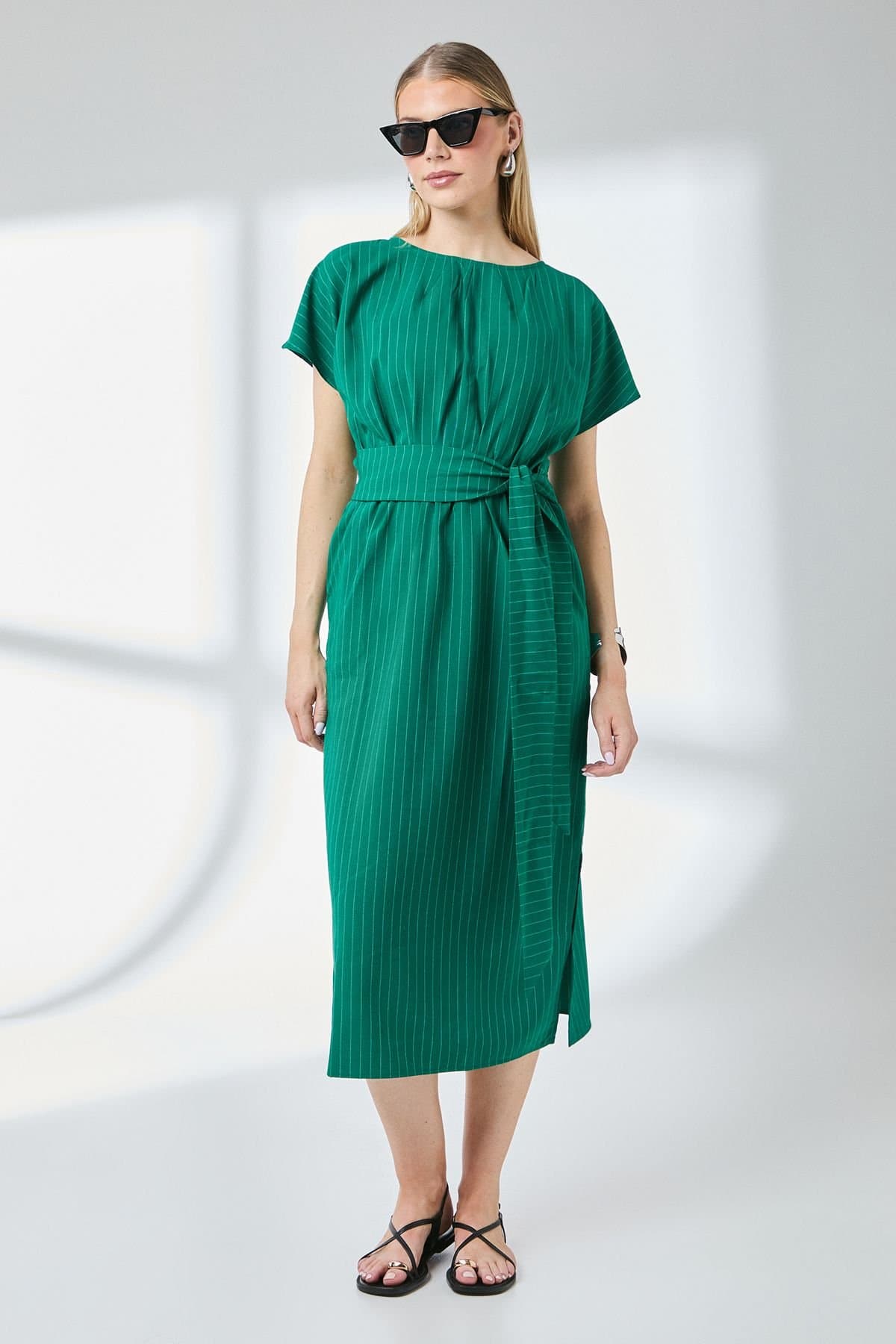 Principles Principles Women's Green Stripe Tie Waist Midi Dress